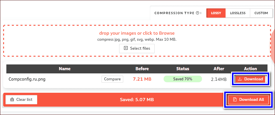 скачивание уменьшенного файла jpg в compressor.io